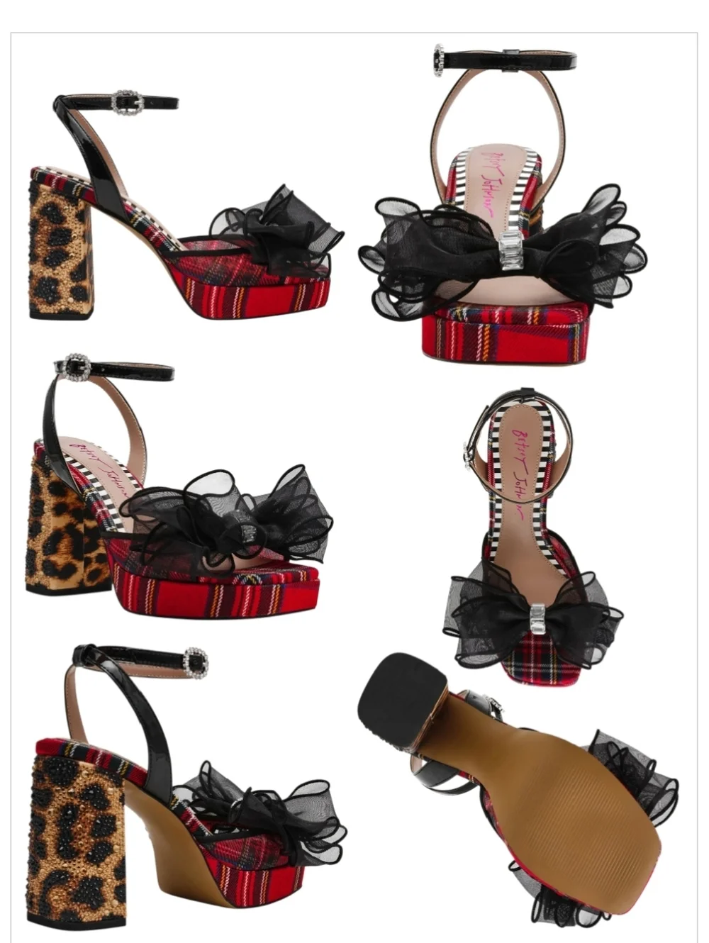 Betsey Johnson Palloma Red Plaid Platform Bow Dress Sandals Sz 9 Leopard Heel - Picture 2 of 12